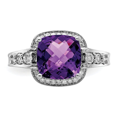 Sterlingsilber Rhodiniert Diamant & Karo Schliff Amethyst Ring