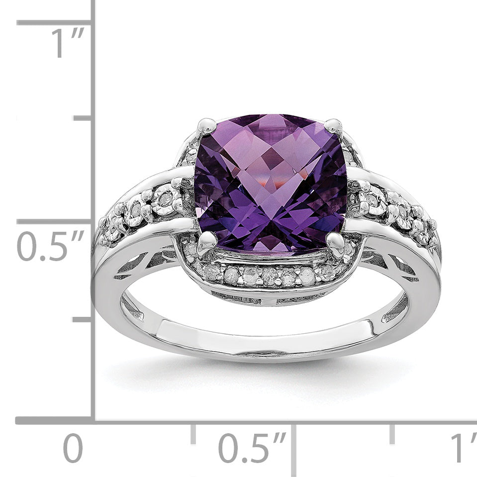 Sterlingsilber Rhodiniert Diamant & Karo Schliff Amethyst Ring