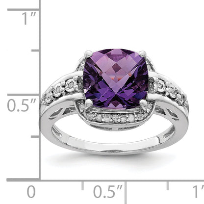 Sterlingsilber Rhodiniert Diamant & Karo Schliff Amethyst Ring