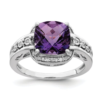 Sterlingsilber Rhodiniert Diamant & Karo Schliff Amethyst Ring