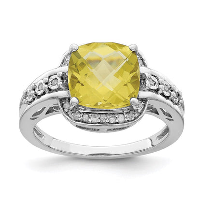 Sterlingsilber Rhodium Diamant & Karo Schliff Zitrone Quarz Ring (size 7 Nur)