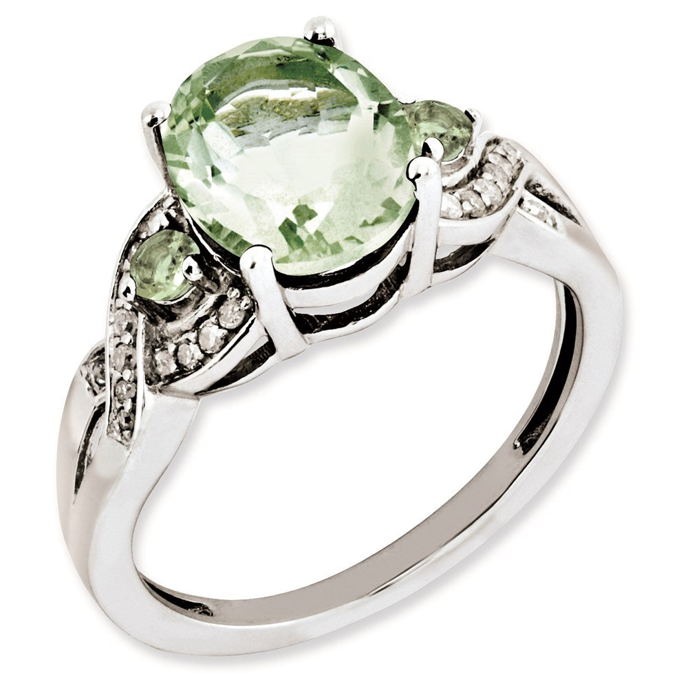 Sterlingsilber Rhodiniert Oval Diamant & Grün Quarz Ring (size 7 Nur)