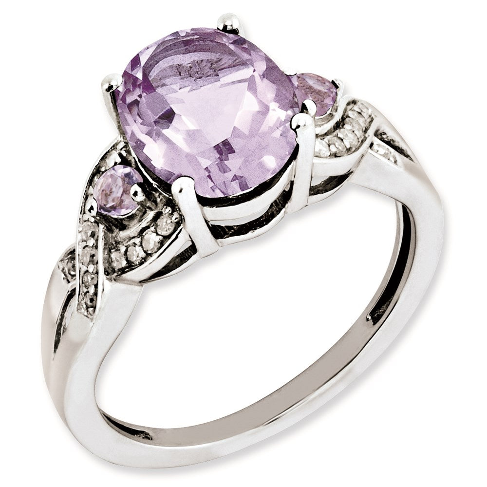 Sterlingsilber Rhodiniert Oval Diamant & Rosa Quarz Ring (size 7 Nur)