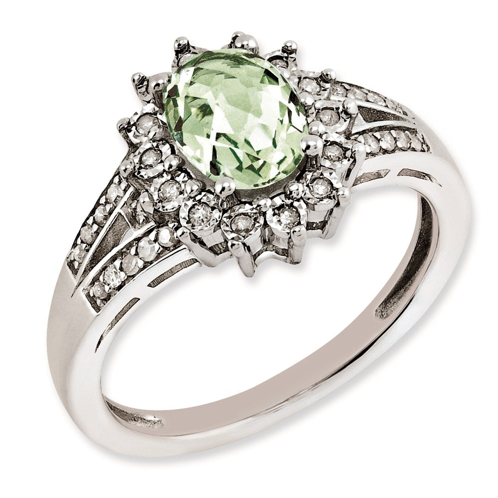 Sterlingsilber Rhodiniert Diamant & Oval Karo Schliff Grün Quarz Ring (size 7 Nur)