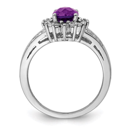 Sterlingsilber Rhodiniert Diamant & Karo Schliff Amethyst Ring (size 6 Nur)