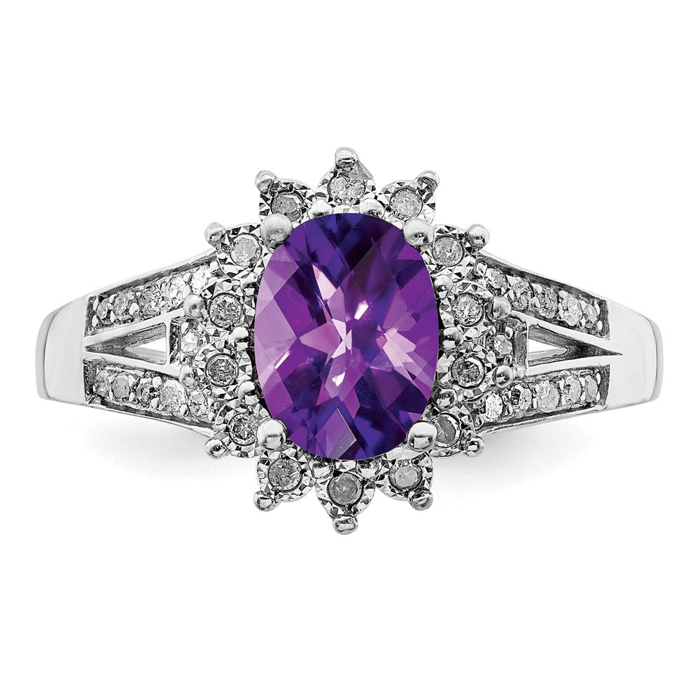 Sterlingsilber Rhodiniert Diamant & Karo Schliff Amethyst Ring (size 6 Nur)