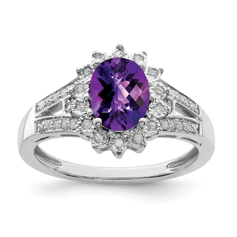 Sterlingsilber Rhodiniert Diamant & Karo Schliff Amethyst Ring (size 6 Nur)