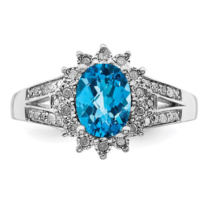 Sterlingsilber Rhodium Diamant & Oval Karo Schliff Blautopas Ring (size 7 Nur)