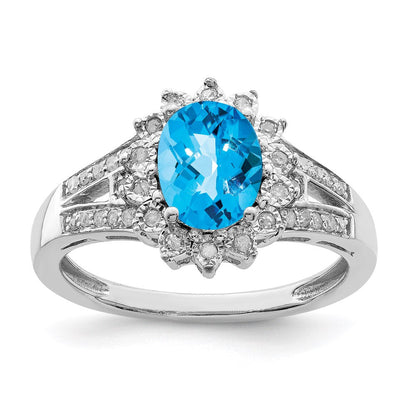 Sterlingsilber Rhodium Diamant & Oval Karo Schliff Blautopas Ring (size 7 Nur)