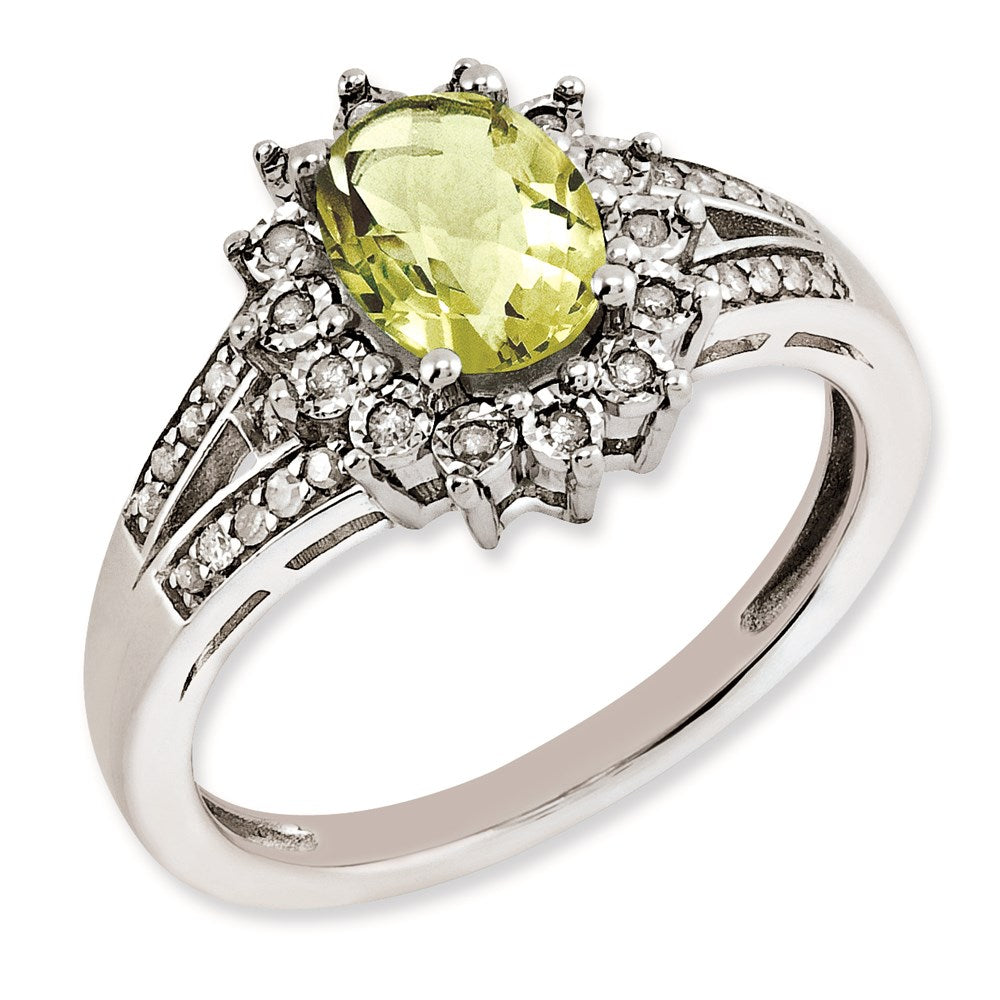 Sterlingsilber Rhodiniert Diamant & Oval Karo Schliff Zitrone Quarz Ring (size 7 Nur)