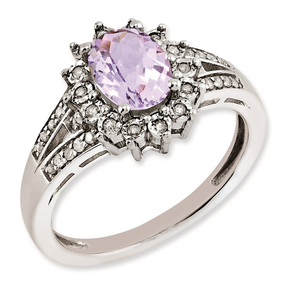 Sterlingsilber Rhodiniert Diamant & Oval Karo Schliff Rosa Quarz Ring (size 7 Nur)