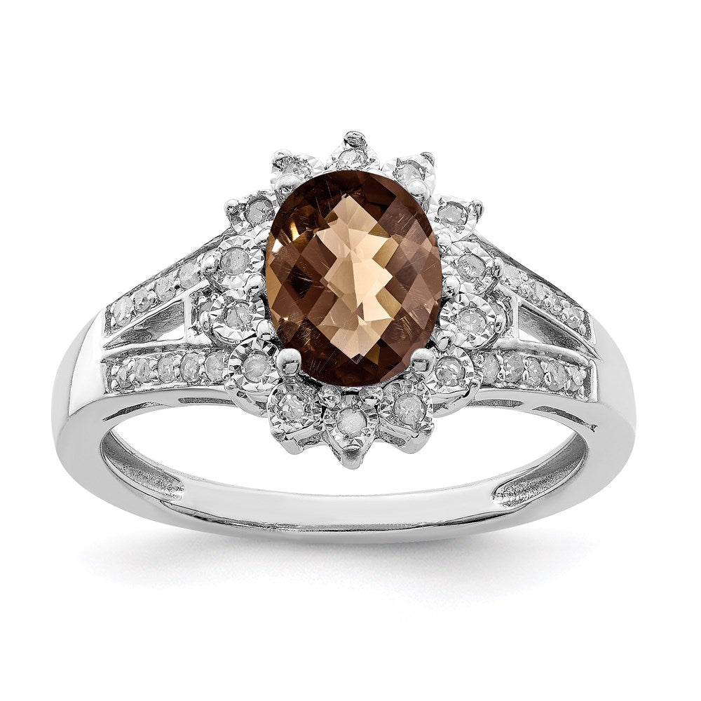 Sterlingsilber Rhodium Diamant & Oval Karo Schliff Rauch Quarz Ring (size 7 Nur)