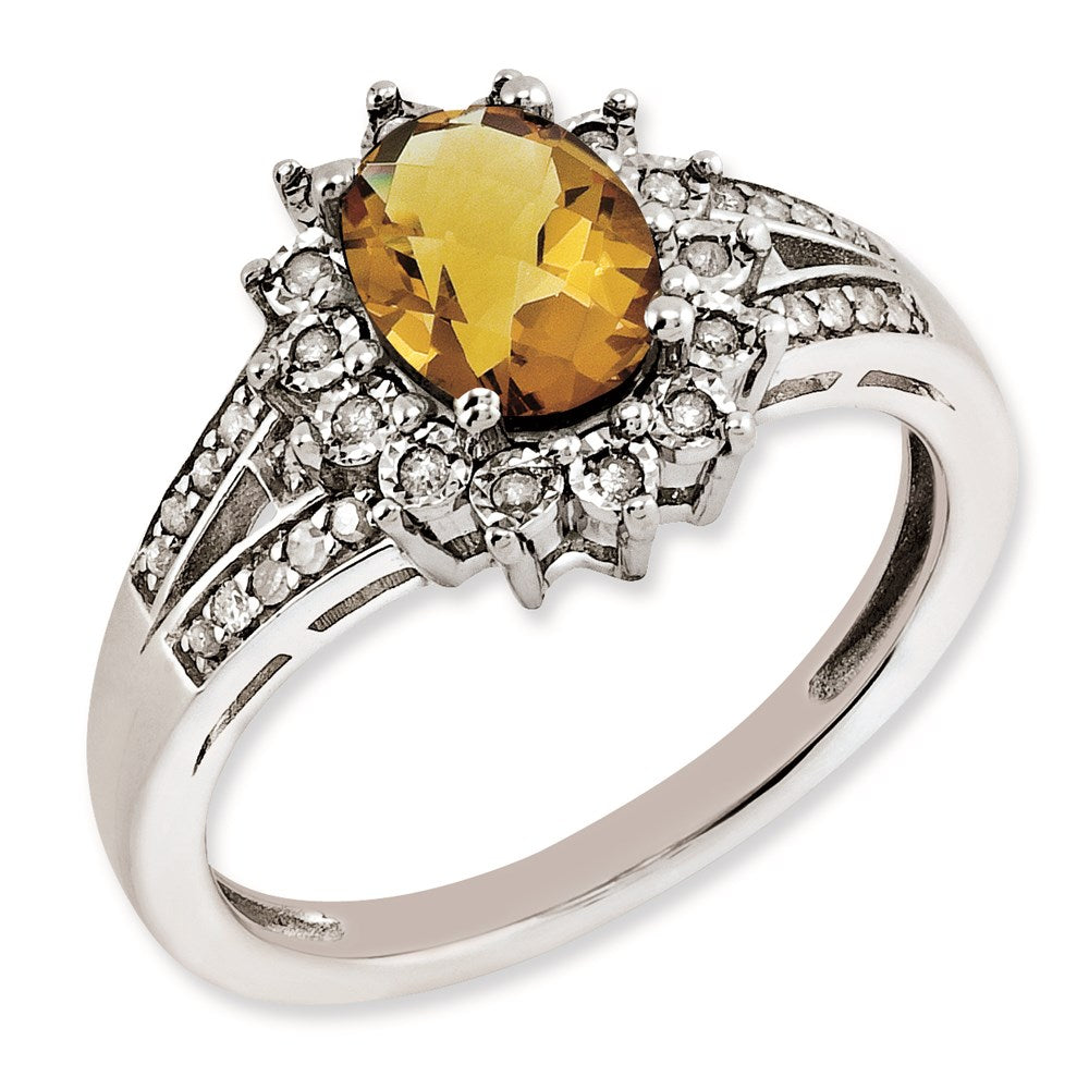 Sterlingsilber Rhodiniert Diamant & Oval Karo Schliff Whiskey Quarz Ring (size 7 Nur)