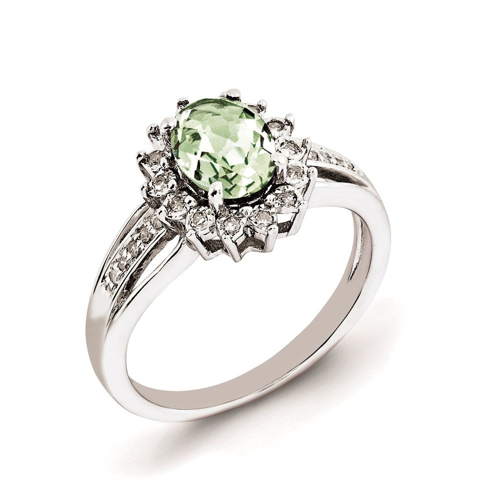 Sterlingsilber Rhodiniert Diamant & Oval Grün Quarz Ring (size 7 Nur)