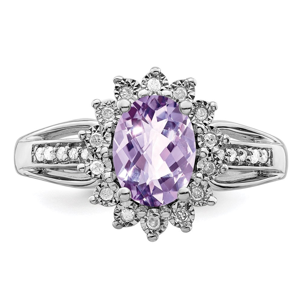 Sterlingsilber Rhodium Diamant & Oval Rosa Quarz Ring (size 7 Nur)