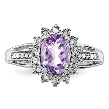 Sterlingsilber Rhodium Diamant & Oval Rosa Quarz Ring (size 7 Nur)