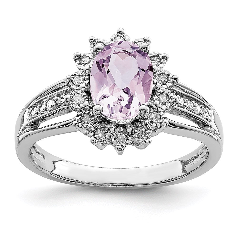 Sterlingsilber Rhodium Diamant & Oval Rosa Quarz Ring (size 7 Nur)