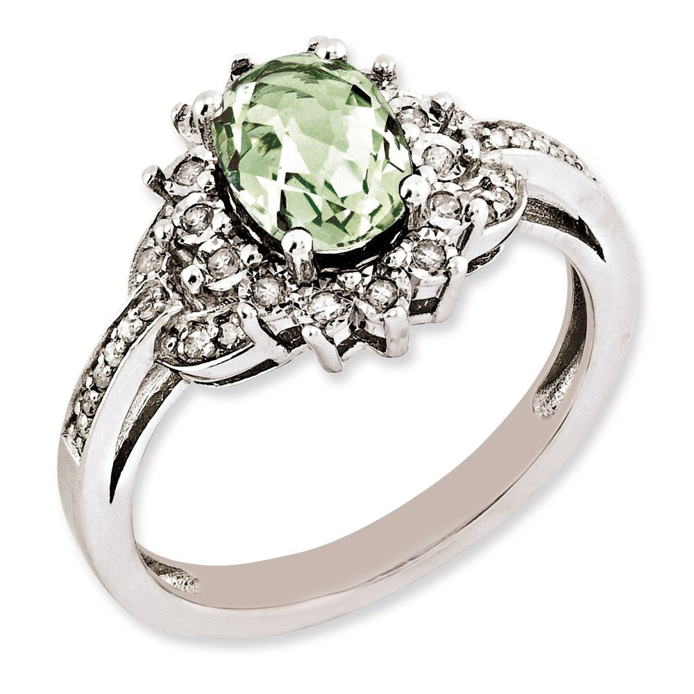Sterlingsilber Rhodiniert Diamant & Oval Karo Schliff Grün Quarz Ring (size 7 Nur)