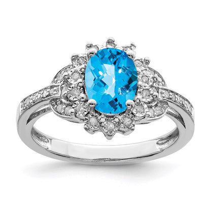 Sterlingsilber Rhodium Diamant & Oval Karo Schliff Blautopas Ring (size 7 Nur)