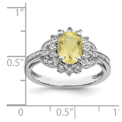 Sterlingsilber Rhodium Diamant & Oval Karo Schliff Zitrone Quarz Ring (size 7 Nur)