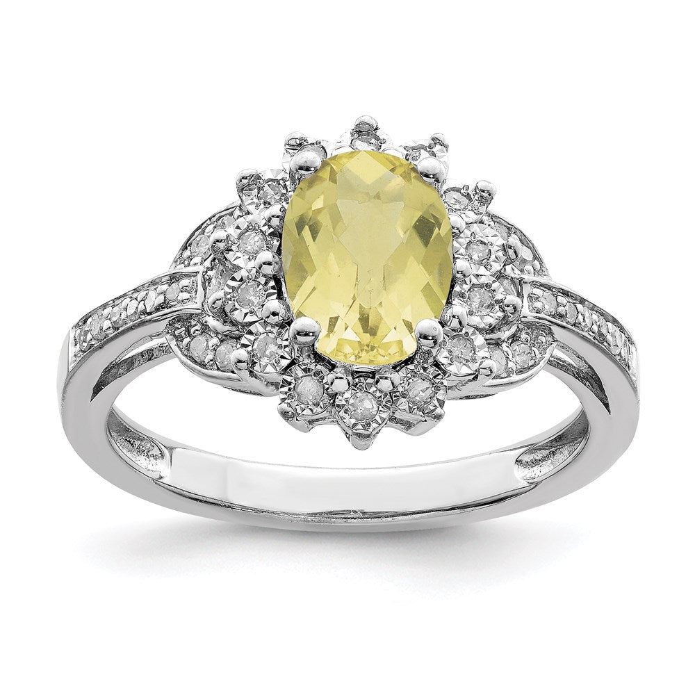 Sterlingsilber Rhodium Diamant & Oval Karo Schliff Zitrone Quarz Ring (size 7 Nur)