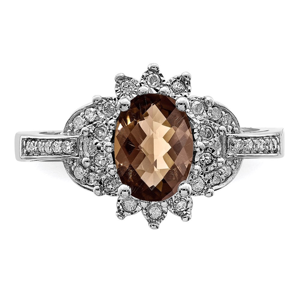 Sterlingsilber Rhodium Diamant & Oval Karo Schliff Rauch Quarz Ring (size 7 Nur)