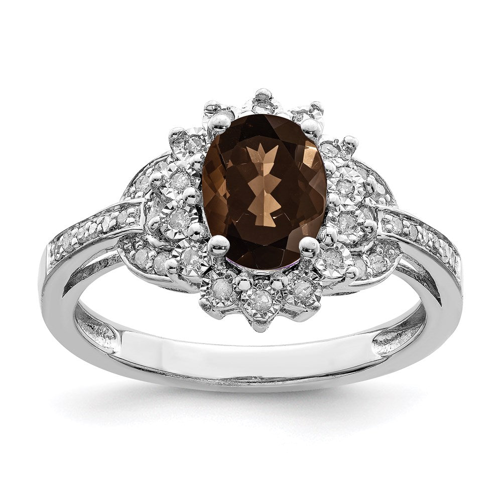 Sterlingsilber Rhodium Diamant & Oval Karo Schliff Rauch Quarz Ring (size 7 Nur)