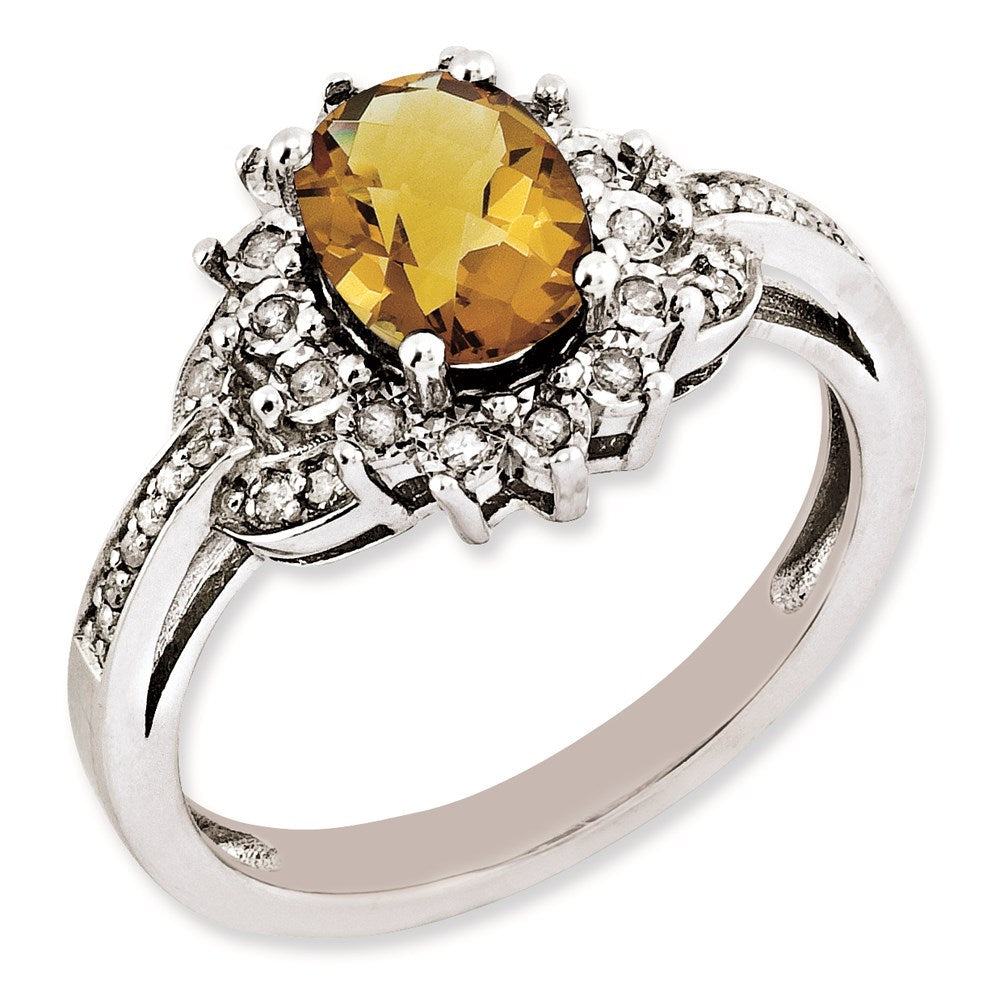 Sterlingsilber Rhodiniert Diamant & Oval Karo Schliff Whiskey Quarz Ring (size 7 Nur)