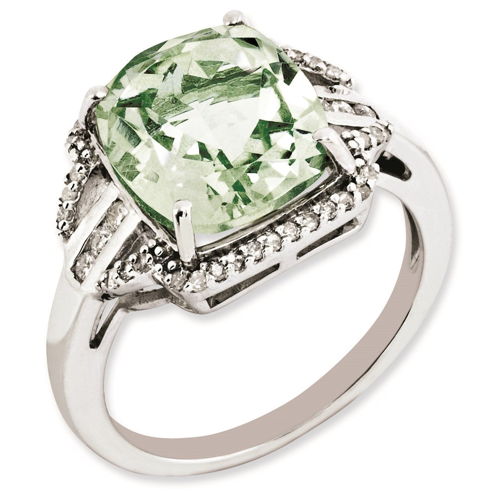 Sterlingsilber Rhodiniert Diamant & Karo Schliff Grün Quarz Ring