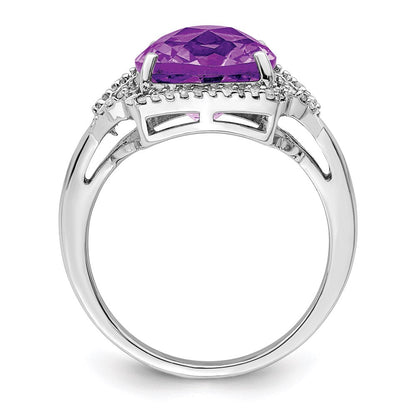Sterlingsilber Rhodiniert Karo Schliff Amethyst & Diamant Ring (size 7 Nur)