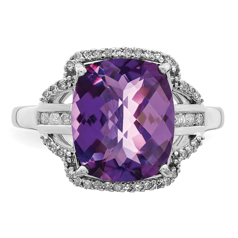 Sterlingsilber Rhodiniert Karo Schliff Amethyst & Diamant Ring (size 7 Nur)