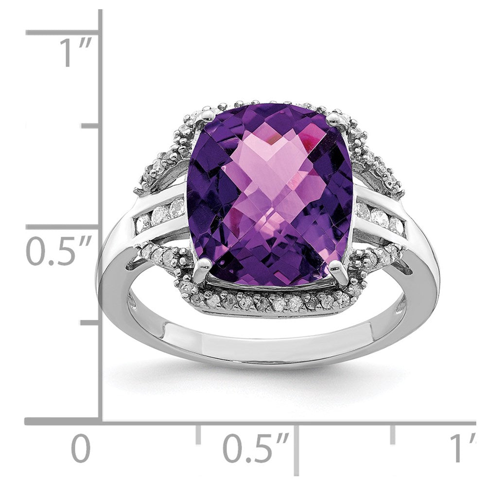 Sterlingsilber Rhodiniert Karo Schliff Amethyst & Diamant Ring (size 7 Nur)
