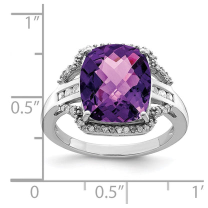 Sterlingsilber Rhodiniert Karo Schliff Amethyst & Diamant Ring (size 7 Nur)
