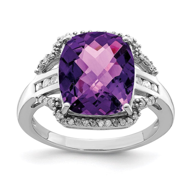 Sterlingsilber Rhodiniert Karo Schliff Amethyst & Diamant Ring (size 7 Nur)