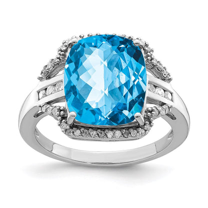 Sterlingsilber Rhodium Karo Schliff Blautopas & Diamant Ring (size 7 Nur)
