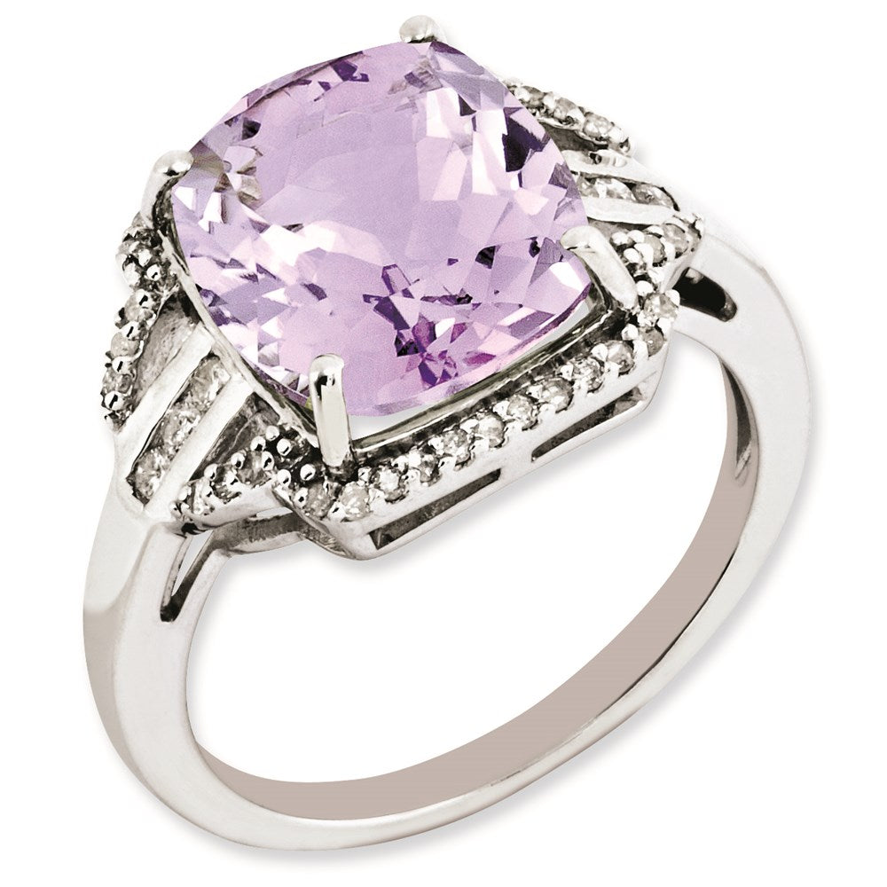 Sterlingsilber Rhodiniert Diamant & Karo Schliff Rosa Quarz Ring (size 7 Nur)