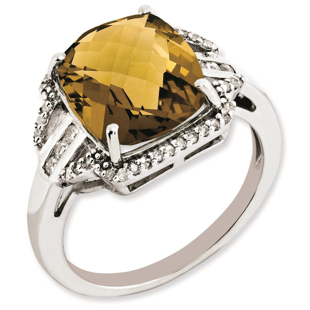 Sterlingsilber Rhodiniert Diamant & Karo Schliff Whiskey Quarz Ring (size 7 Nur)
