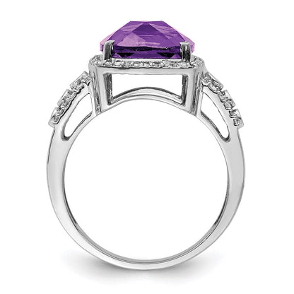 Sterlingsilber Rhodiniert Karo Schliff Amethyst & Diamant Ring (size 7 Nur)