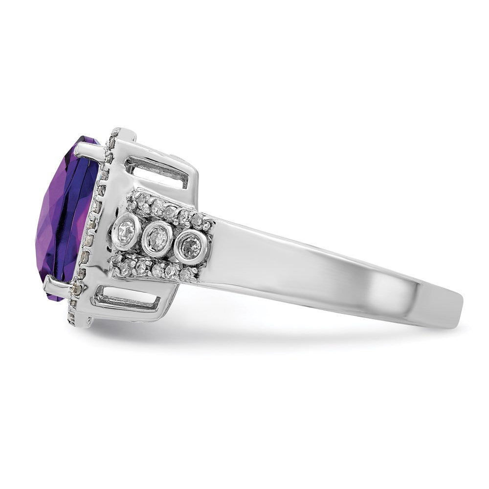 Sterlingsilber Rhodiniert Karo Schliff Amethyst & Diamant Ring (size 7 Nur)