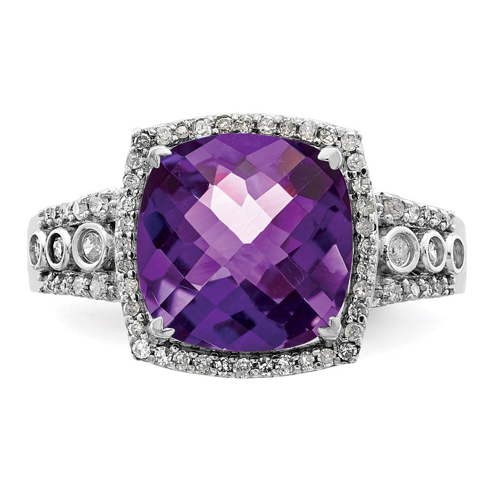 Sterlingsilber Rhodiniert Karo Schliff Amethyst & Diamant Ring (size 7 Nur)