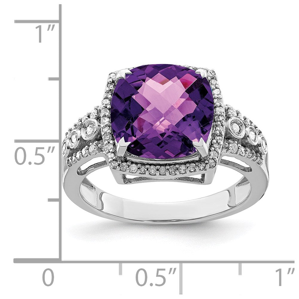 Sterlingsilber Rhodiniert Karo Schliff Amethyst & Diamant Ring (size 7 Nur)