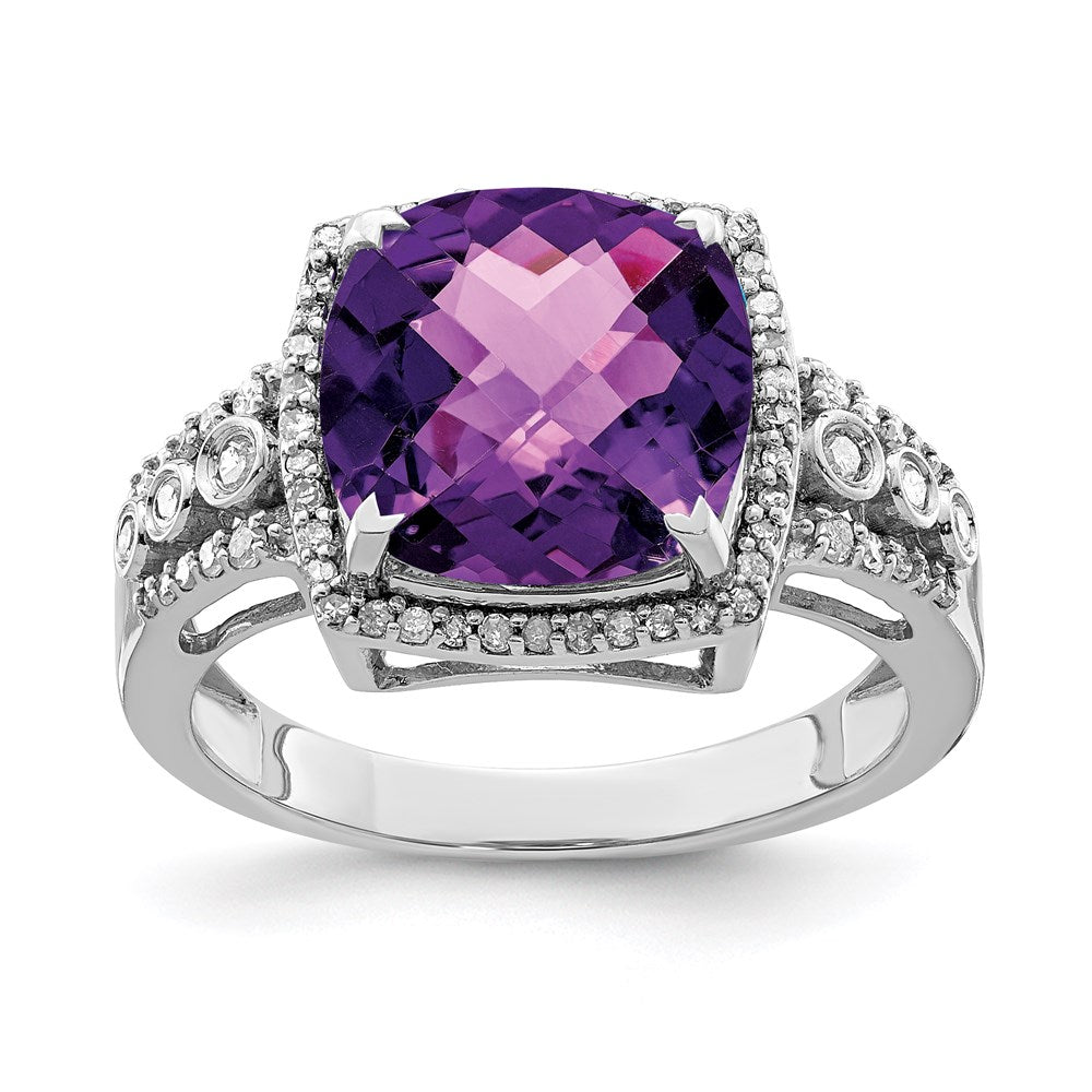 Sterlingsilber Rhodiniert Karo Schliff Amethyst & Diamant Ring (size 7 Nur)