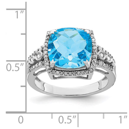 Sterlingsilber Rhodium Karo Schliff Blautopas & Diamant Ring