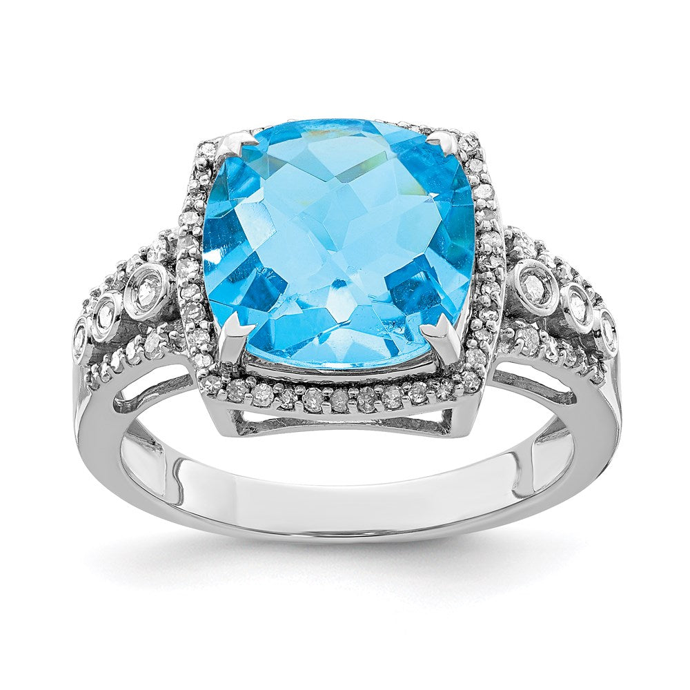 Sterlingsilber Rhodium Karo Schliff Blautopas & Diamant Ring