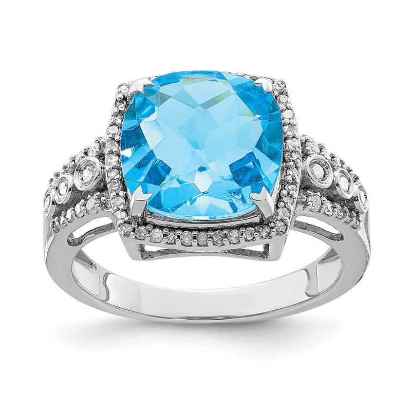 Sterlingsilber Rhodium Karo Schliff Blautopas & Diamant Ring