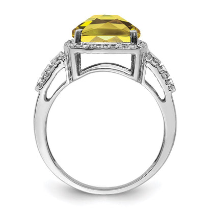 Sterlingsilber Rhodium Diamant & Karo Schliff Zitrone Quarz Ring (size 7 Nur)