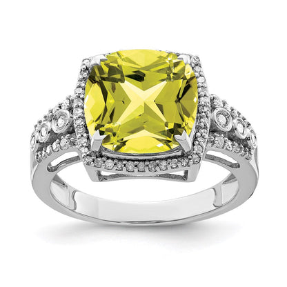 Sterlingsilber Rhodium Diamant & Karo Schliff Zitrone Quarz Ring (size 7 Nur)
