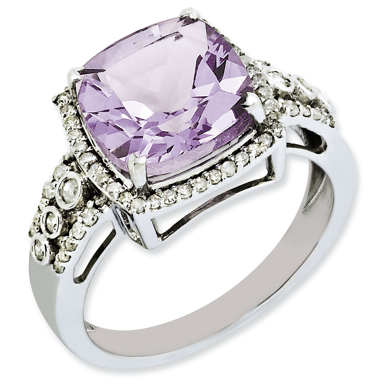 Sterlingsilber Rhodiniert Diamant & Karo Schliff Rosa Quarz Ring