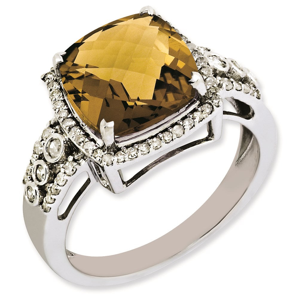 Sterlingsilber Rhodiniert Diamant & Karo Schliff Whiskey Quarz Ring (size 7 Nur)
