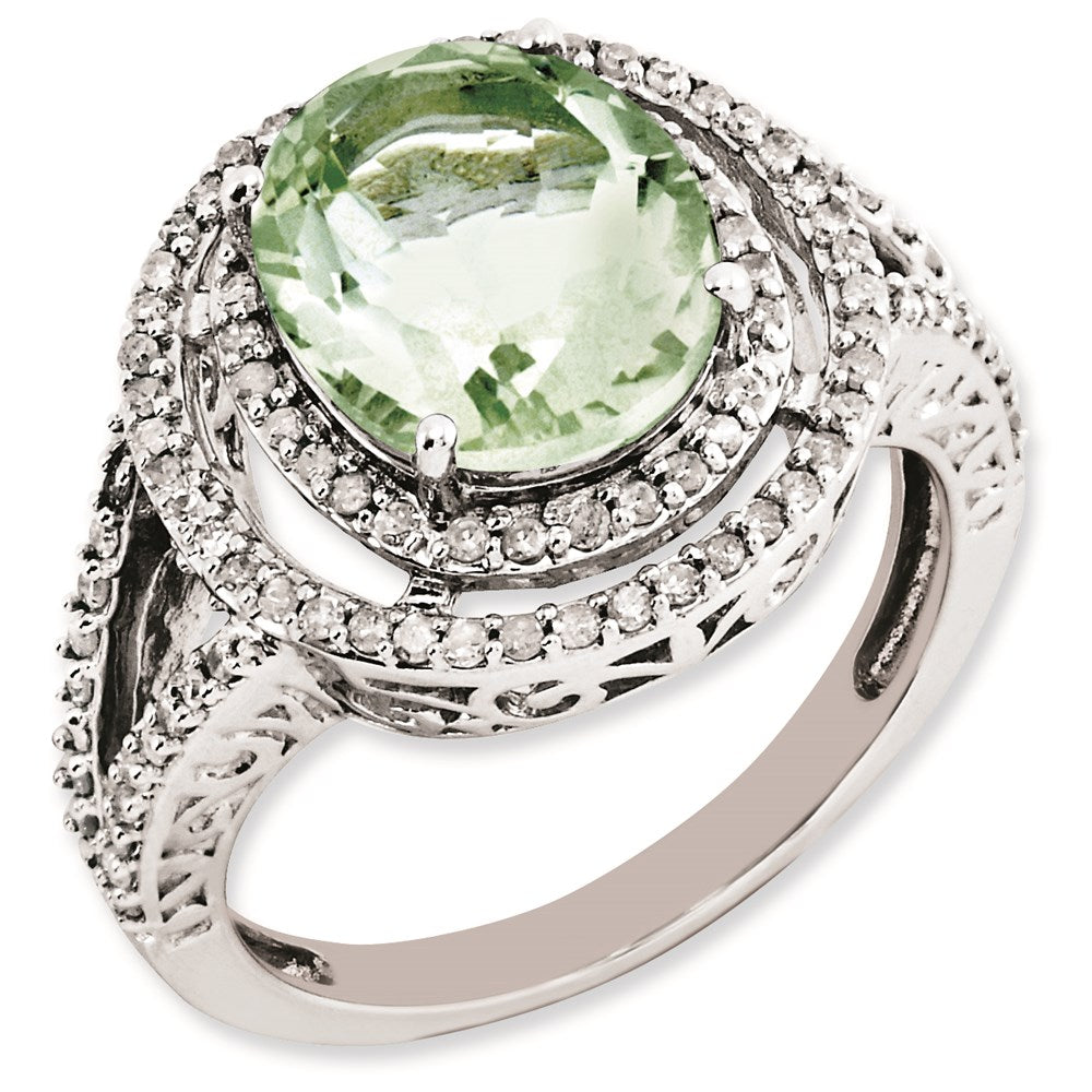 Sterlingsilber Rhodiniert Oval Diamant & Grün Quarz Ring (size 7 Nur)